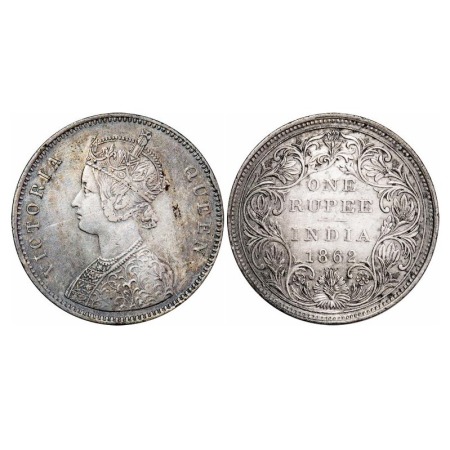 Victoria Queen, Silver, Rupee, 1862, Bombay Mint, A/II/0/4, w/o initial 'J' , Die doubling