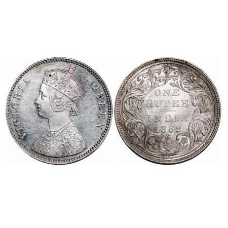 Victoria Queen, Silver, Rupee, 1862, Bombay Mint, A/II/0/4, w/o initial 'J'. F. Prid 79. G