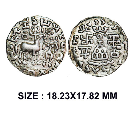 Kunindas, Amoghabhuti (c. 200 BC), Silver Drachma, 2.27g, Obv: Deer standing on three arch