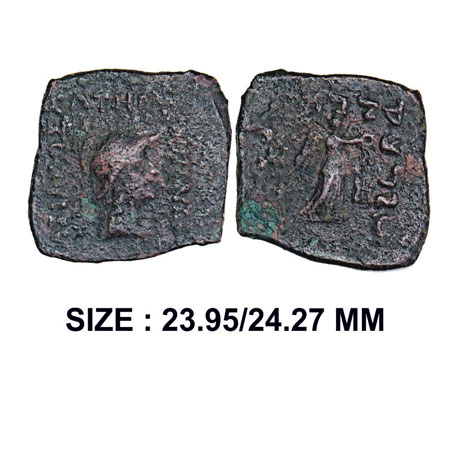 Indo Greek, Menander I, Copper Drachma, 9.80g, Obv: Helmeted bust fo Athena to right with 