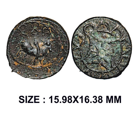 Pallavas of Kanchi, Potin Unit, 2.29g, Obv: Bull facing to right above crude Brahmi legend