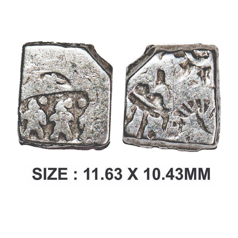 Punch Marked, Mauryan Empire, Silver Karshapana, 3.45g, Obv: Three human figures in one pu