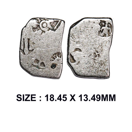 Mauryan Period, Silver Karshapana, 2.98g, Obv: Sun, six armed, three arched hill and trace