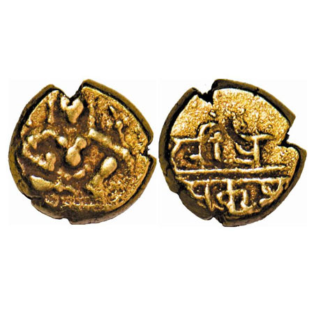 Vijayanagar Empire, Nayakas of Chitradurga, Gold ½ Durgi Pagoda, 1.72g, Obv: Krishna as Ba