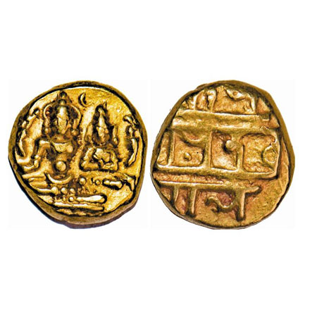 Vijayanagara kingdom, Devaraya I or II, 15 Cen AD, Gold Varaha, 3.38g, 9.81x9.56 mm, Obv: 