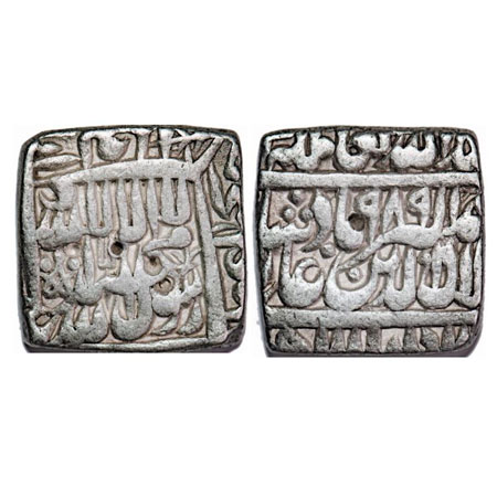 Akbar, Silver Square Rupee, 11.29g, Dar al-Sultanat Lahore Mint, Kalima type, AH 989, beau