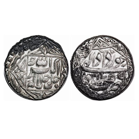 Akbar, Silver Rupee, 11.42g, Lahore Mint, Ilahi type, Month 'Khurdad', Year 49, Obv: Alahu