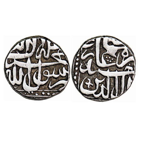 Akbar, Mulher Silver ½ Rupee (Mahmudi), 5.60g, (Mulher type), Obv: kalima shahada, Rev: ja