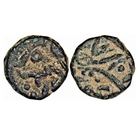Jahangir, Copper Trambiyo, 3.13g, Delwara Mint, complete name of Jahangir on obv, complete