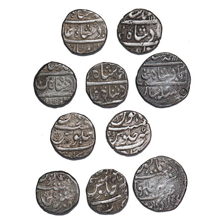 Muhammad Shah, Silver Rupees (5 Coins), Arkat Mint, AH 113x/7, 113x/7, xxxx/19, xxxx/27, a