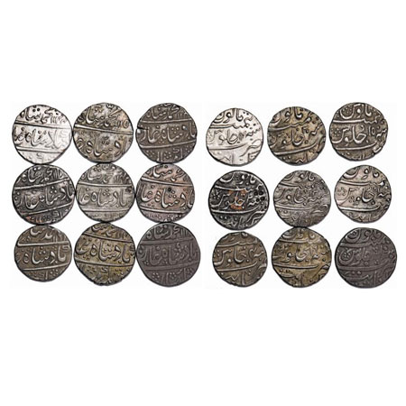 Muhammad Shah, Silver Rupees (9 Coins), Khambayat Mint, AH 1134/4 (error date), 114x/10, 1