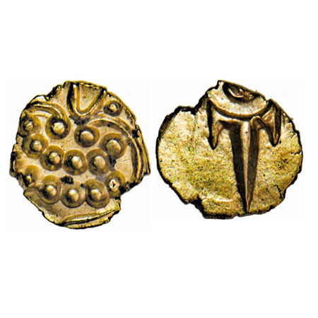 Marathas of Tanjore, Gold Fanam, 0.37g, sword & crude figure on other side. M&W T2a. Extre