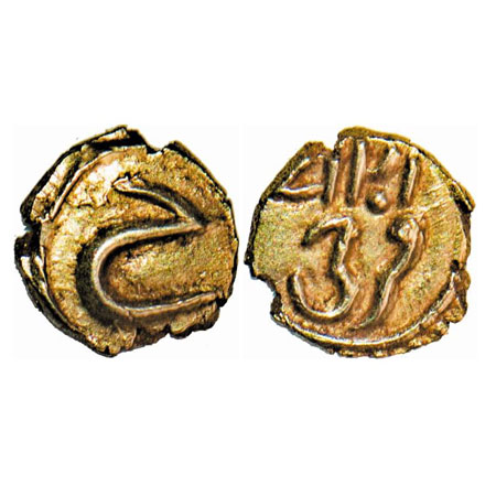 Mysore, Tipu Sultan, Gold Fanam, 0.37g, Farrukhi Mint, AM 1217 retro, Obv: Persian 'He'. K