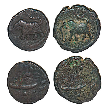 Mysore, Tipu Sultan, Copper Paisa (2 Coins), Nagar Mint, AM 1221 retro above elephant towa