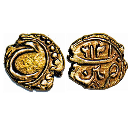 Mysore, Gold Fanam, Tipu Sultan, 0.38g, Patan Mint, AM 1216 retro, Obv: Persian 'He'. KM 1