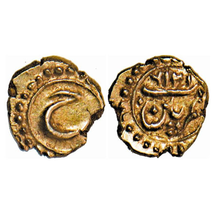 Mysore, Gold Fanam, Tipu Sultan, 0.38g, Patan Mint, AM 1216 retro, Obv: Persian 'He'. KM 1