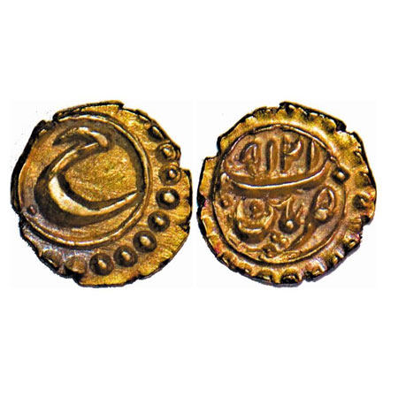 Mysore, Tipu Sultan, Gold Fanam, 0.35g, Patan Mint, AH 1218 retro, Obv: Persian 'He'. KM 1