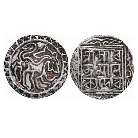 Tripura, Silver Tanka, 10.45g, Ratna Manikya (SE 1386-1411 / 1464-1489 AD), Obv: Lion faci