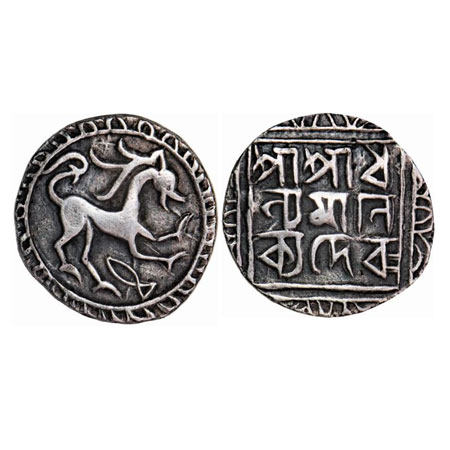 Tripura, Silver Tanka, 10.76g, Dhanya Manikya (SE 1412-1437 / 1490-1526 AD), Obv: Lion to 