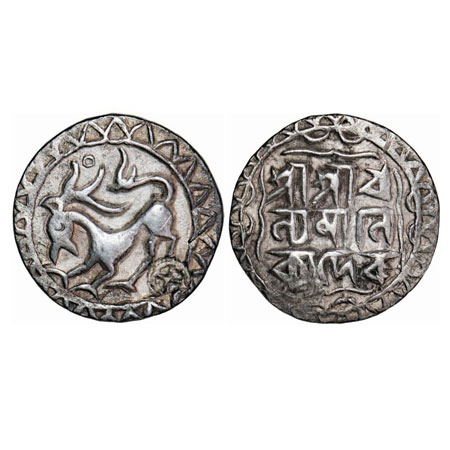Tripura, Silver Tanka, 10.45g, Dhanya Manikya (SE 1412-1437 / 1490-1526 AD), Obv: Lion fac