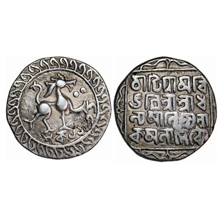 Tripura, Silver Tanka, 10.57g, Dhanya Manikya with Queen Kamala Devi (SE 1412-1442 / 1490-