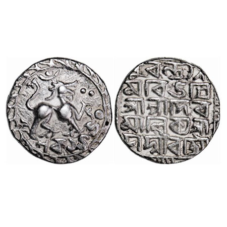 Tripura, Silver Tanka, 10.72g, Deva Manikya (SE 1442-1454 / 1526-1532 AD), Obv: Lion facin