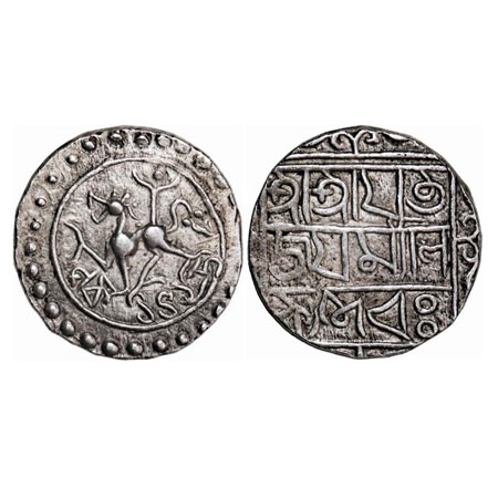 Tripura, Silver Tanka, 10.74g, Jaya Manikya (SE 1495-1499 / 1573-1577 AD), Obv: Lion facin