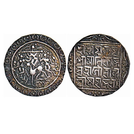 Tripura, Silver Tanka, 10.19g, Yaso Manikya with Queen Gauri Lakshmi Mahadevi (SE 1522-154