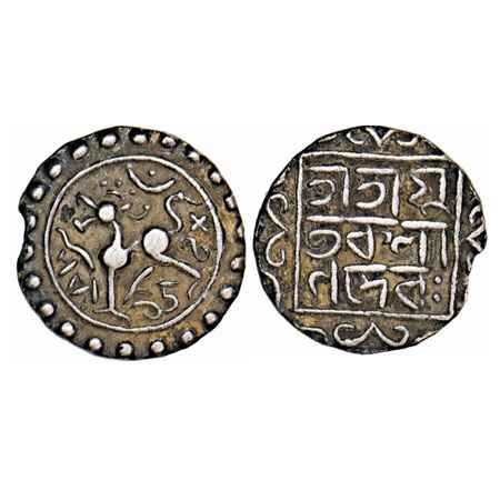 Tripura, Silver ¼ Tanka, 2.52g, Kalyan Manikya (SE 1548-1582 / 1626-1660 AD), Obv: Lion to