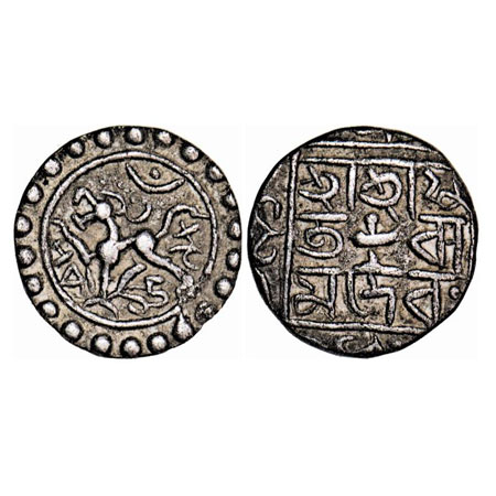 Tripura, Silver 1/4 Tanka, 2.19g, Rama Manikya (SE 1598-1603 / 1676-1681 AD), Obv: Lion fa