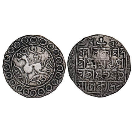 Tripura, Silver Tanka, 10.04g, Ratna Manikya II (SE 1607-1615 / 1685-1712 AD), Obv: Lion f