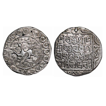 Tripura, Silver Tanka, 10.43g, Dharma Manikya-II (SE 1636-1661 / 1714-1739 AD), Obv: Lion