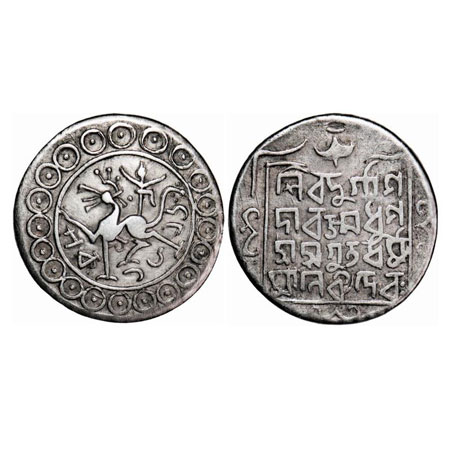 Tripura, Silver Tanka, 10.84g, Dharma Manikya-II (SE 1636-1661 / 1714-1739 AD), Obv: Lion 
