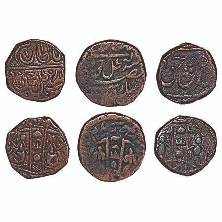Awadh, Copper Falus, (3 Coins), Wajid Ali Shah (AH 1263-1272, 1847-1856 AD), Mulk Awadh Ba