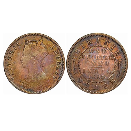 Bikanir, Copper ¼ Anna, 6.32g, Ganga Singh, 1895 AD, with the name and portrait of Victori