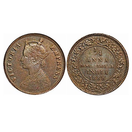 Dewas Senior Branch, Copper ¼ Anna, 6.51g, Narayan Rao (c. 1864-1892 AD), Crowned bust of 