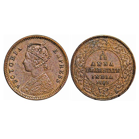 Dhar, Copper 1/12 Anna, 2.11g, Anand Rao III, 1887 AD, bust of Victoria Empress on obv. KM