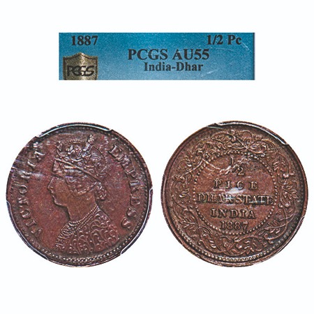 Dhar, Copper ½ Pice, Anand Rao III, AD 1887, bust of Victoria Empress on obv. KM 12. PCGS 