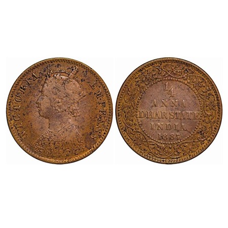 Dhar, Copper ¼ Anna, 6.35g, Anand Rao III (1860-1898 AD), 1887 AD, bust of Victoria Empres