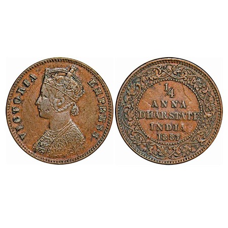Dhar, Copper ¼ Anna, 6.06g, Anand Rao III (1860-1898 AD), 1887 AD, bust of Victoria Empres