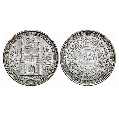 Hyderabad, Nickel 8 Annas, 5.55g, Mir Usman Ali Khan, Farkhanda Bunyad Hyderabad Mint, AH