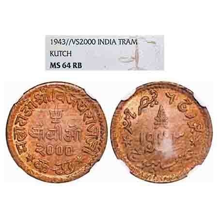 Kutch, Copper Trambiyo, Vijayarajji, INO George VI, VS 2000/1943 AD. Rajgor 263.2. NGC sla