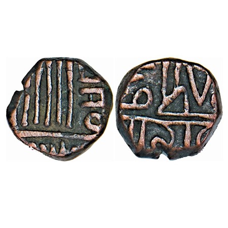 Porbandar, Copper ¼ Trambiyo, 1.07g, INO Muzaffar Shah, Sri Rana in nagari below. KM unlis