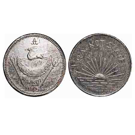 Rajkot, Silver Mohur, 5.81g, Dharmendrasinghji (1930-1948 AD), Rajkot Mint, Restrike, Obv: