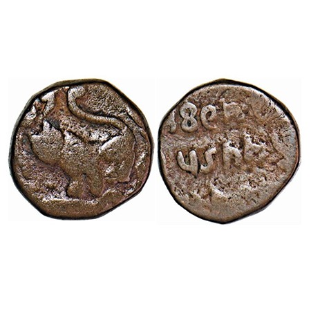 Rewa, Copper Paisa, 7.71g, Raghuraj Singh (VS 1900-1937). (VS 1906), Obv: Lion left with p