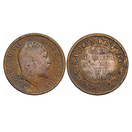 Sailana, Copper ¼ Anna, 4.46g, Jaswant Singh (1890-1919 AD), 1908 AD, bust of Edward VII o