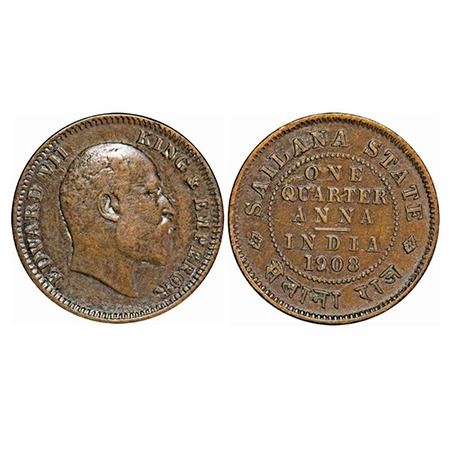 Sailana, Copper ¼ Anna, 4.84g, Jaswant Singh (1890-1919 AD), 1908 AD, bust of Edward VII o