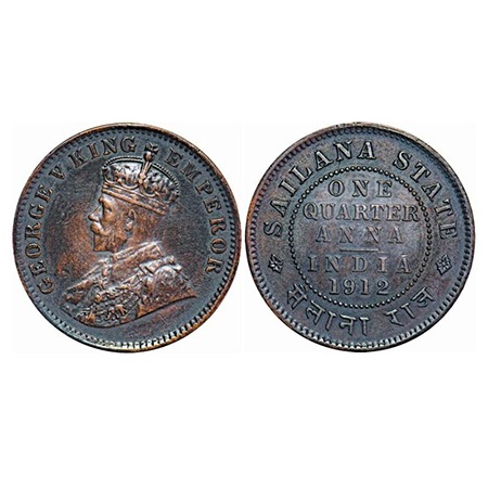 Sailana, Copper ¼ Anna, 4.86g, Jaswant Singh (1890-1919 AD), 1912 AD, bust of George V on 