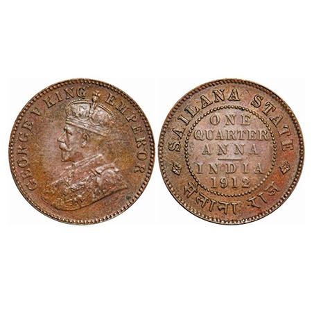 Sailana, Copper ¼ Anna, 4.96g, Jaswant Singh (1890-1919 AD), 1912 AD, bust of George V on 