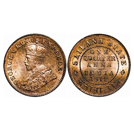 Sailana, Copper ¼ Anna, 4.82g, Jaswant Singh (1890-1919 AD), 1912 AD, bust of George V on